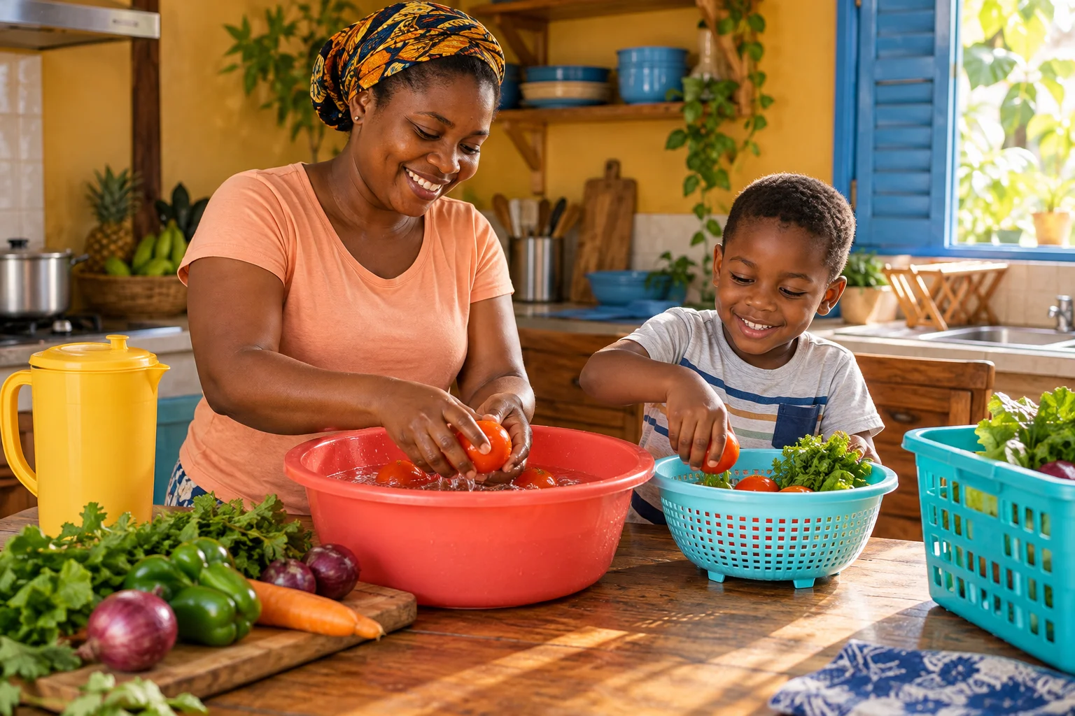 A mother and child rinsing vegetables together with colourful household bowls in a sunny kitchen