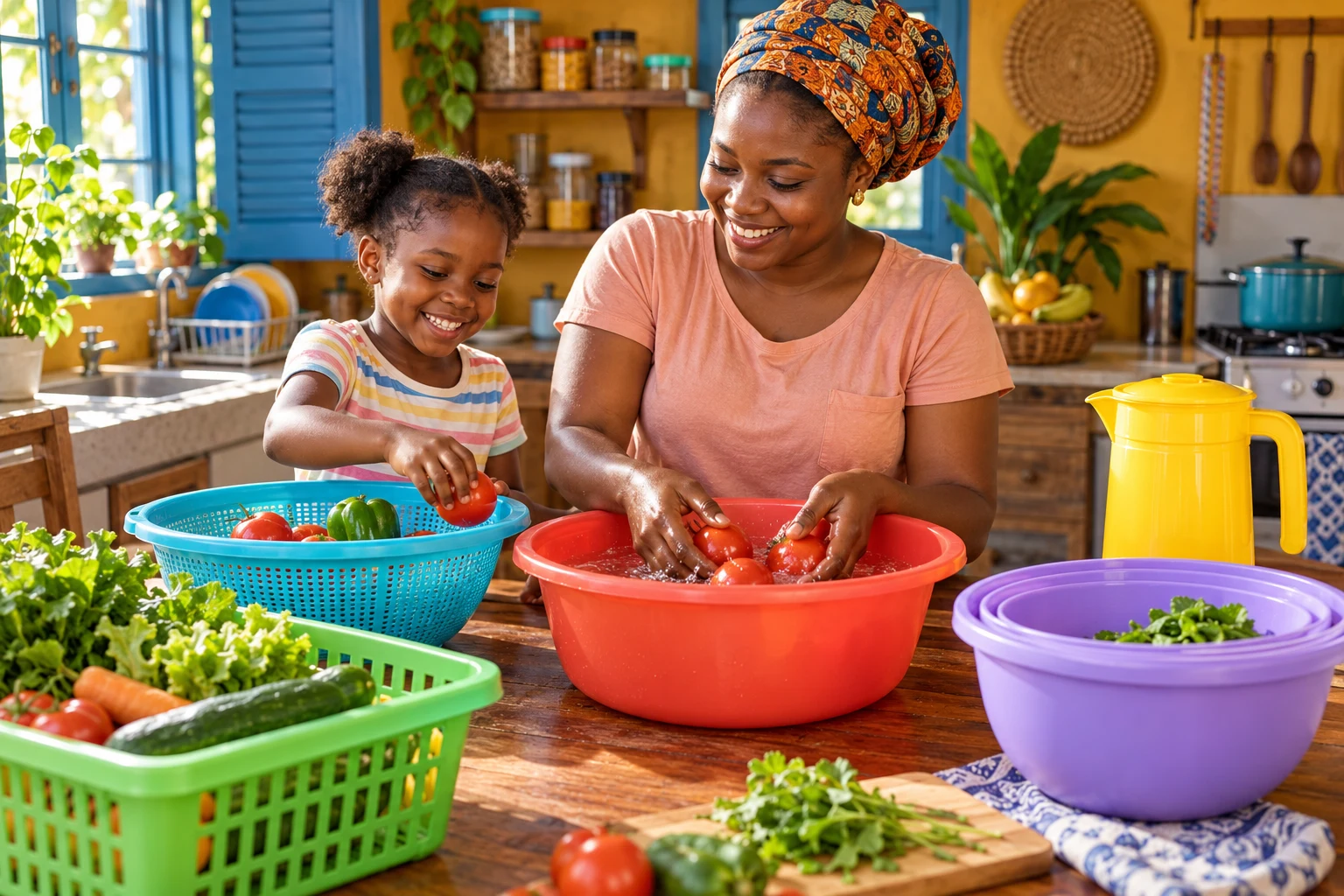 A mother and daughter preparing vegetables together with colourful plastic basins, baskets and bowls in a sunny Ghanaian kitchen